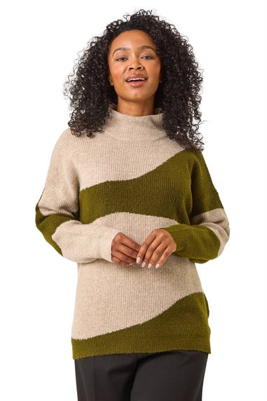 Roman Khaki Petite Colour Block Knit Jumper