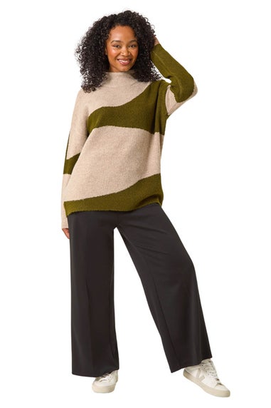 Roman Khaki Petite Colour Block Knit Jumper