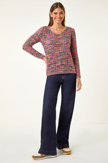 Roman Purple V-Neck Open Knit Jumper