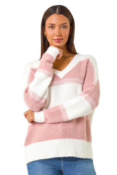 Roman Pink V-Neck Stripe Knit Jumper