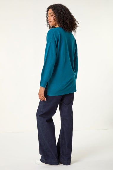 Roman Teal Soft V-Neck Side Split Knit Sweater