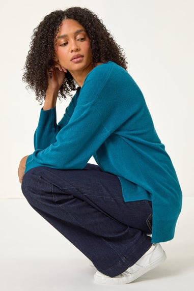 Roman Teal Soft V-Neck Side Split Knit Sweater
