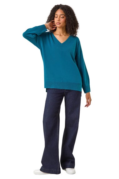 Roman Teal Soft V-Neck Side Split Knit Sweater