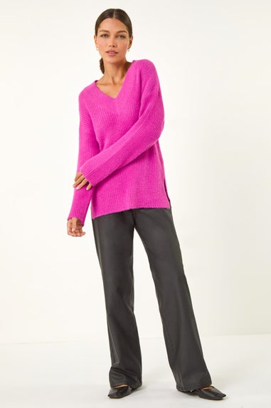 Roman Magenta Plain V-Neck Fluffy Knit Jumper