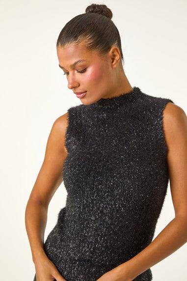 Roman Black High Neck Fluffy Tinsel Knit Top