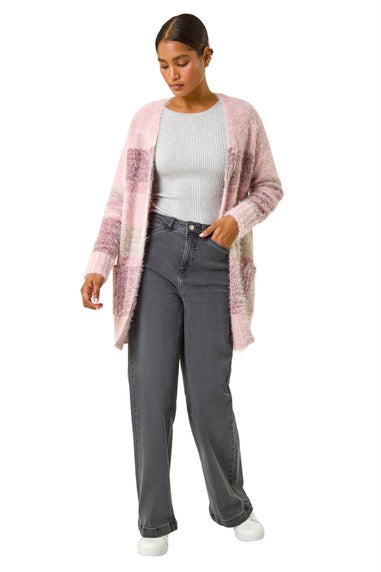 Roman Pale Pink Fluffy Stripe Pocket Cardigan