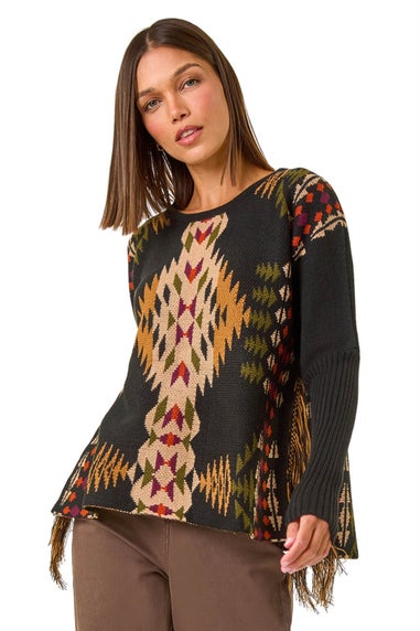 Roman Black Tribal Pattern Fringe Jumper