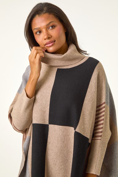 Roman Camel Check Colour Block Knit Poncho