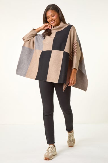 Roman Camel Check Colour Block Knit Poncho