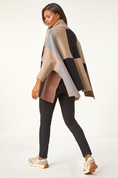 Roman Camel Check Colour Block Knit Poncho