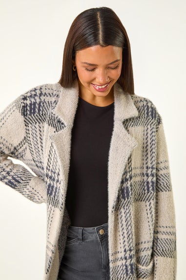 Roman Grey Patchwork Check Collar Pocket Cardigan