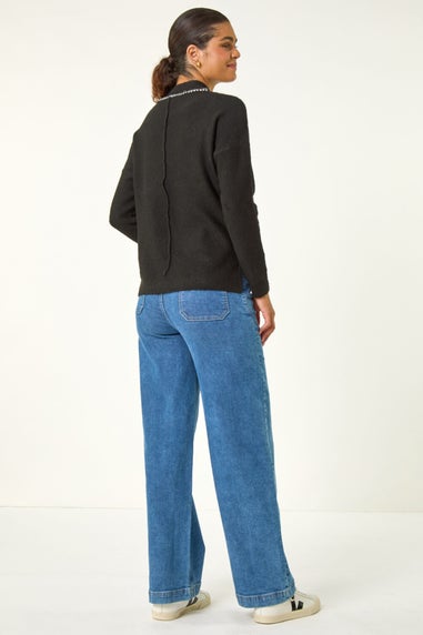Roman Black Funnel Neck Seam Detail Jumper