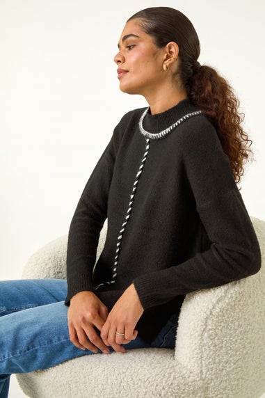 Roman Black Funnel Neck Seam Detail Jumper