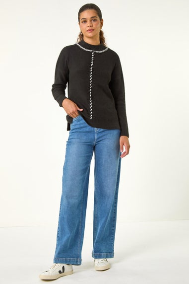Roman Black Funnel Neck Seam Detail Jumper