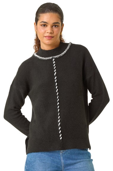 Roman Black Funnel Neck Seam Detail Jumper