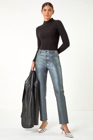 Roman Pewter Metallic Coated Mom Style Jeans