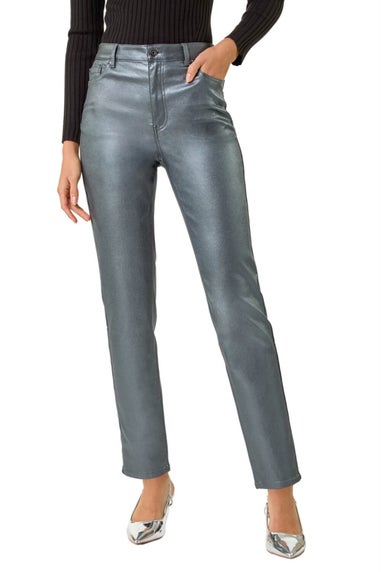 Roman Pewter Metallic Coated Mom Style Jeans