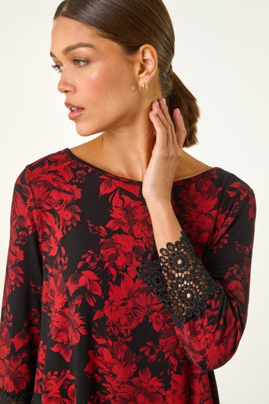 Roman Red Floral Print Lace Trim Stretch Top