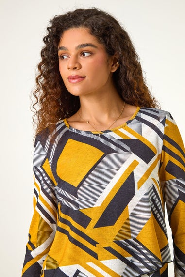 Roman Yellow Geometric Print Wrap Tunic Stretch Top