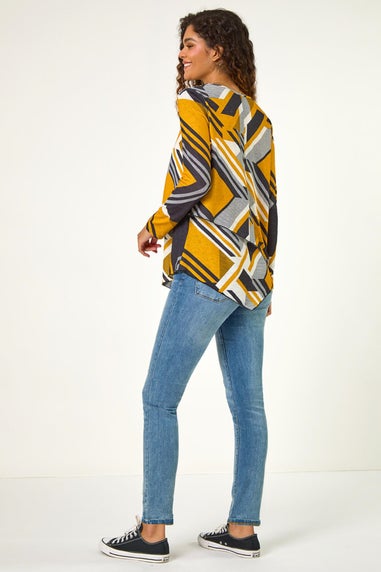 Roman Yellow Geometric Print Wrap Tunic Stretch Top