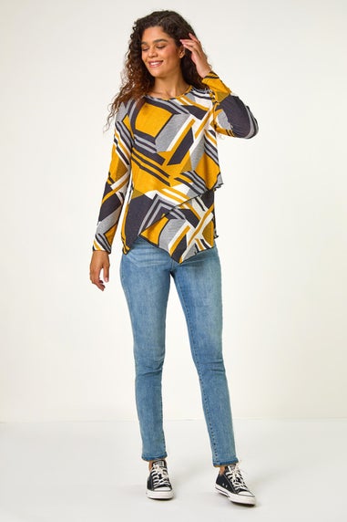 Roman Yellow Geometric Print Wrap Tunic Stretch Top