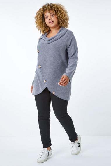 Roman Light Grey Curve Cowl Neck Button Wrap Top