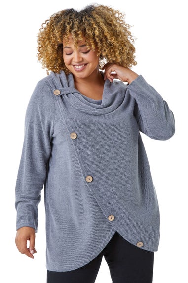 Roman Light Grey Curve Cowl Neck Button Wrap Top