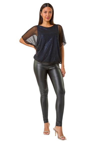 Roman Royal Blue Sequin Mesh Overlay Bubble Hem Top