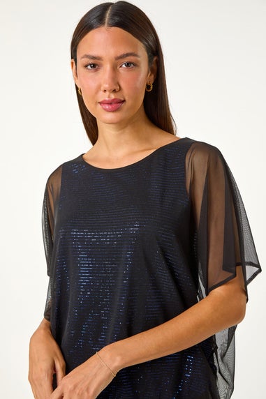 Roman Royal Blue Sequin Mesh Overlay Bubble Hem Top