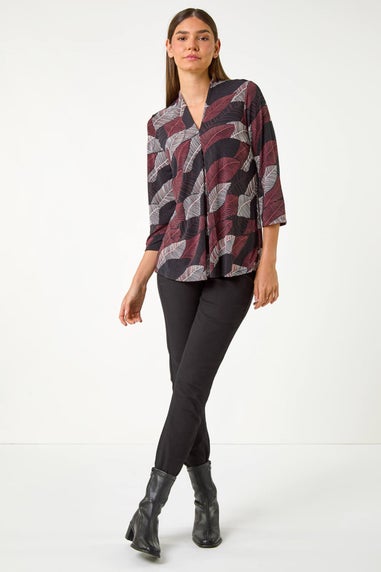 Roman Maroon Leaf Print V Neck Stretch Jersey Top