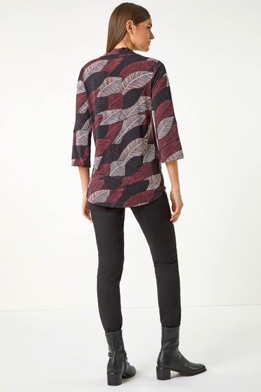 Roman Maroon Leaf Print V Neck Stretch Jersey Top