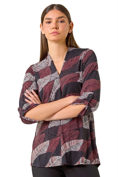 Roman Maroon Leaf Print V Neck Stretch Jersey Top