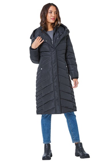 Roman Black Hooded Quilted Coat