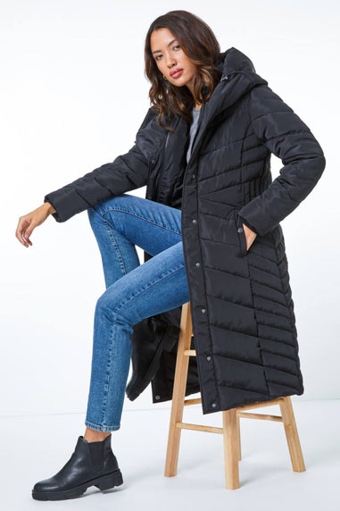 Roman Black Hooded Quilted Coat