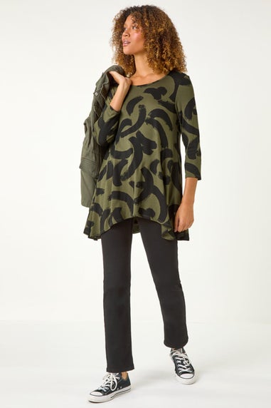 Roman Khaki Brush Print Hanky Hem Top