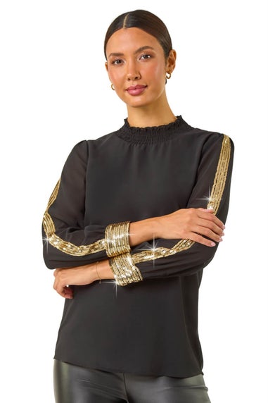 Roman Black Sequin Stripe High Neck Sleeve Top