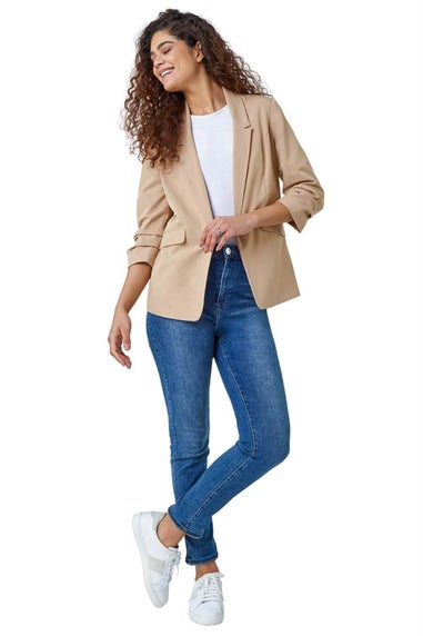 Roman Natural Ruched 3/4 Sleeve  Stretch Blazer Jacket