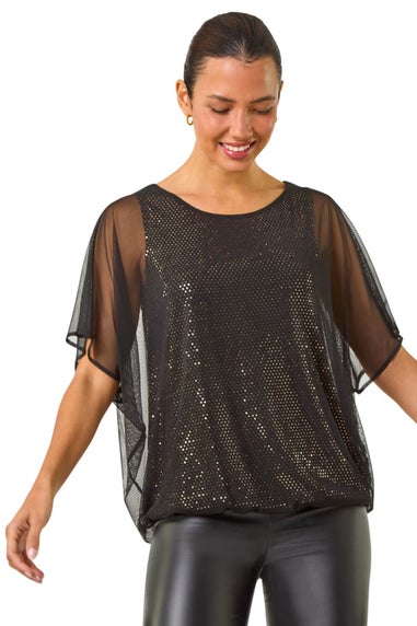 Roman Gold Sparkle Mesh Stretch Overlay Top