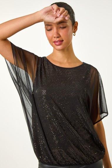 Roman Gold Sparkle Mesh Stretch Overlay Top