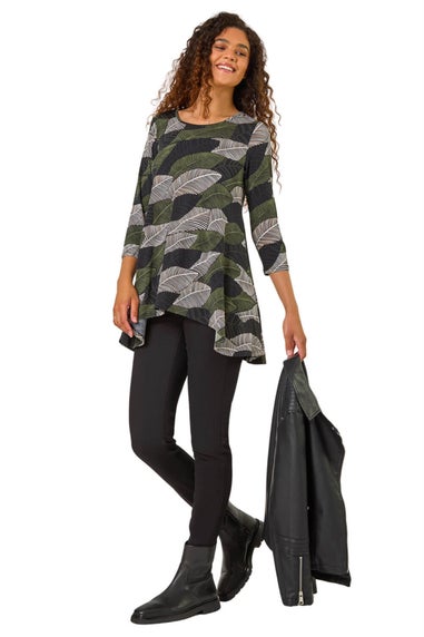 Roman Forest Green Stretch Textured Leaf Print Tunic