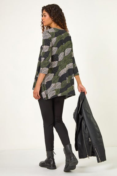 Roman Forest Green Stretch Textured Leaf Print Tunic