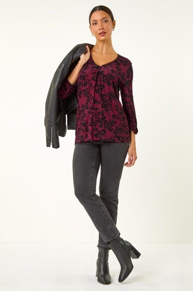 Roman Burgundy Floral Pleat Front Top