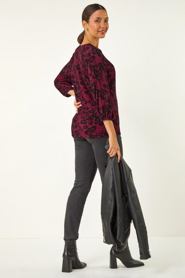 Roman Burgundy Floral Pleat Front Top