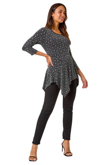 Roman Black Glitter Spot Print Hanky Hem Stretch Top