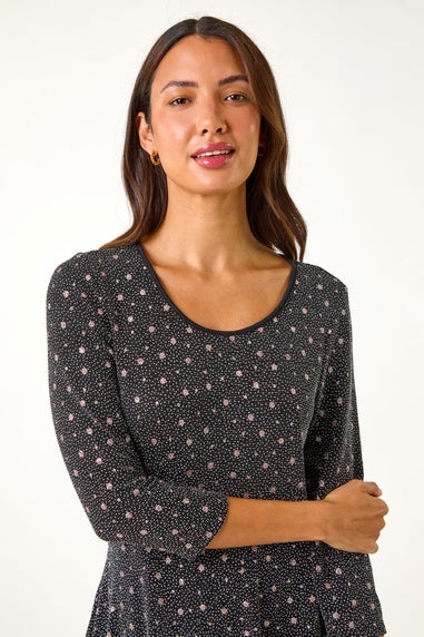 Roman Black Glitter Spot Print Hanky Hem Stretch Top