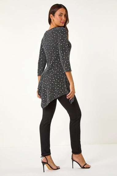 Roman Black Glitter Spot Print Hanky Hem Stretch Top