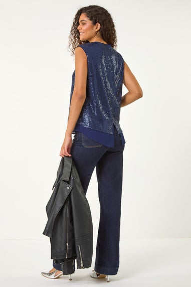 Roman Navy Sequin V-Neck Tunic Stretch Top