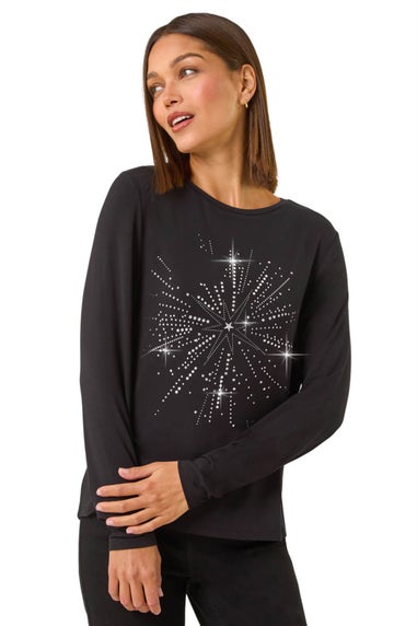 Roman Black Foil Star Print Long Sleeve Top