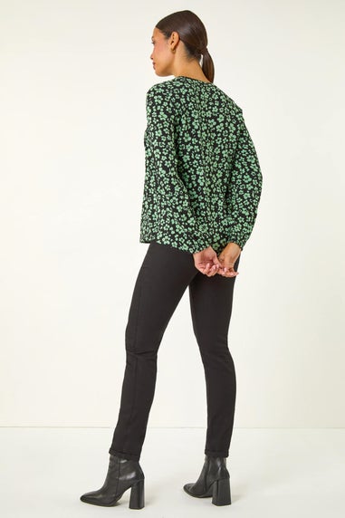 Roman Green Floral Button Detail Pinktuck Top