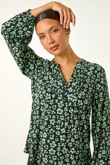 Roman Green Floral Button Detail Pinktuck Top